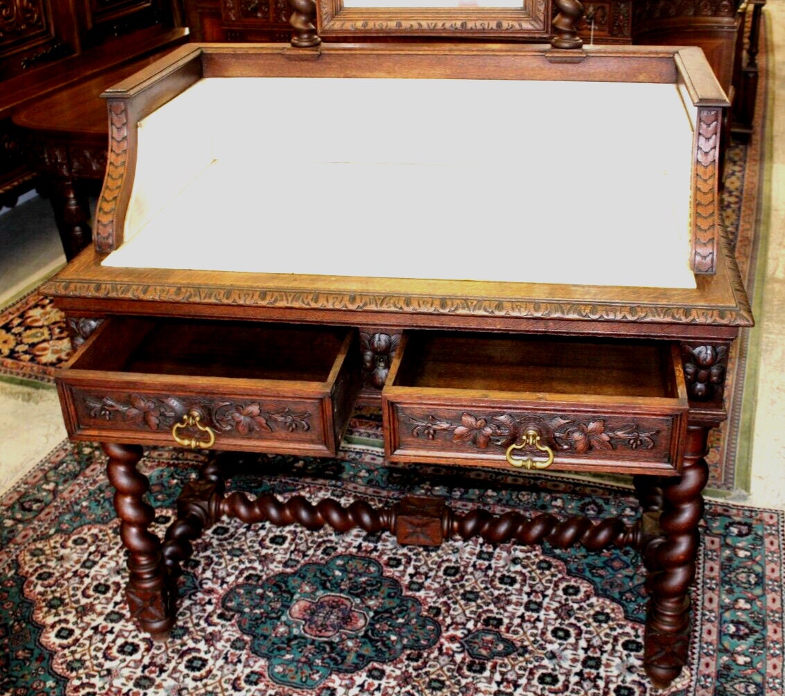 French Antique Louis XIII Oak Washstand | Marble Top Vanity Dresser w/ Mirror