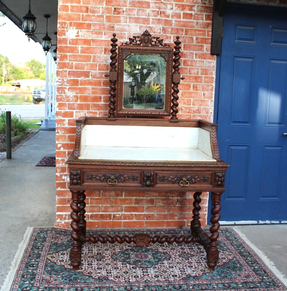 French Antique Louis XIII Oak Washstand | Marble Top Vanity Dresser w/ Mirror