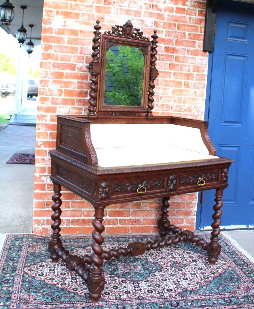 French Antique Louis XIII Oak Washstand | Marble Top Vanity Dresser w/ Mirror