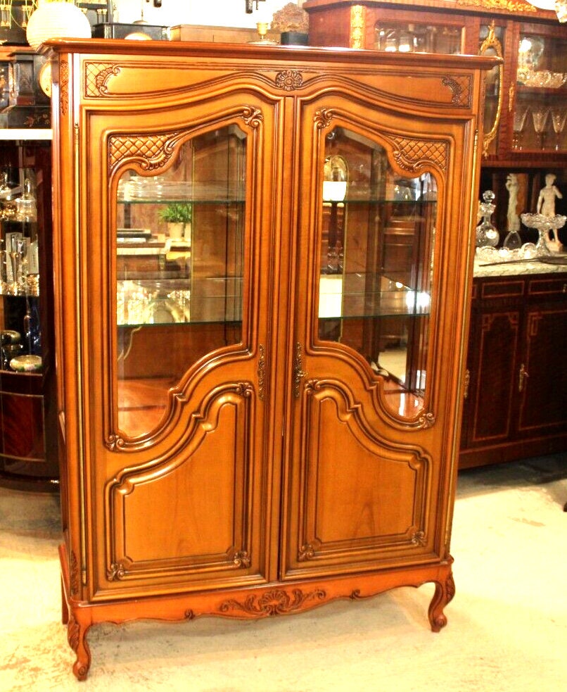 French Louis XV Cherry Display Cabinet | Antique Glass Shelves & Carving