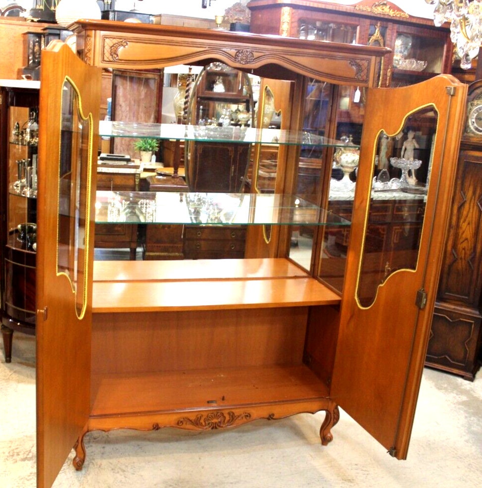 French Louis XV Cherry Display Cabinet | Antique Glass Shelves & Carving