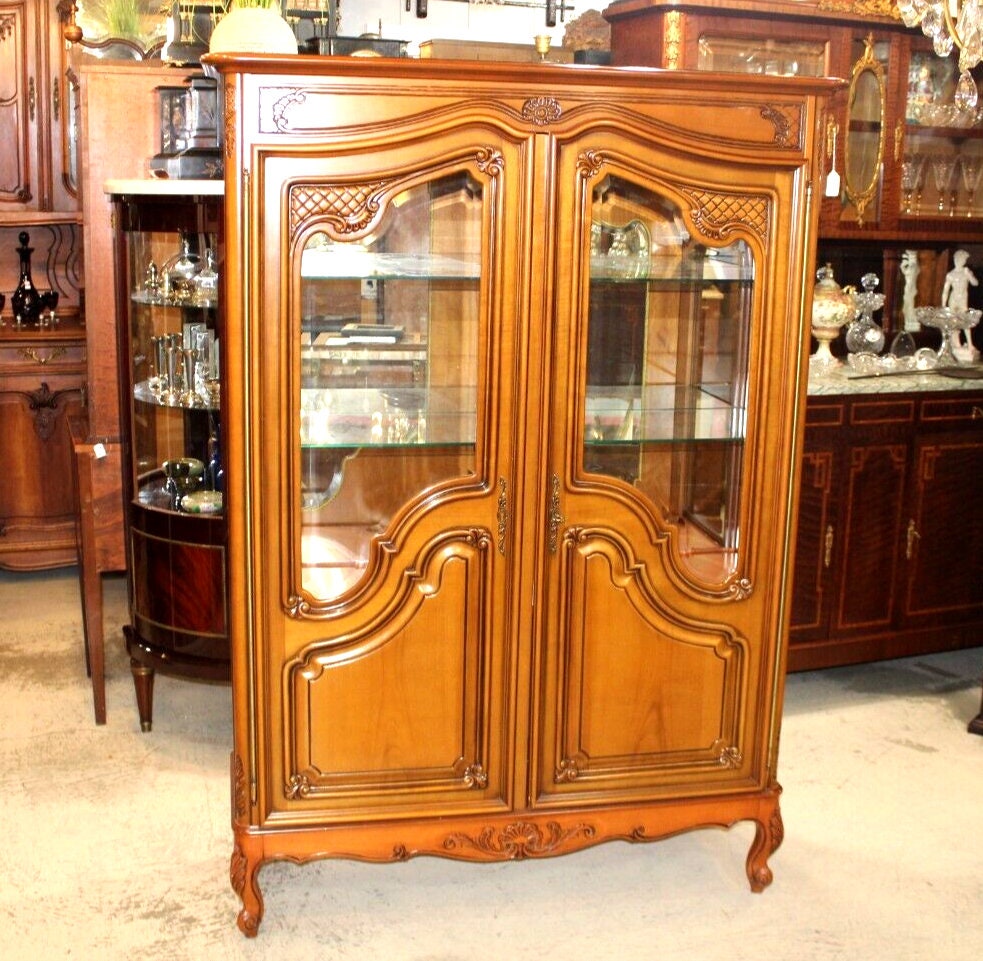 French Louis XV Cherry Display Cabinet | Antique Glass Shelves & Carving