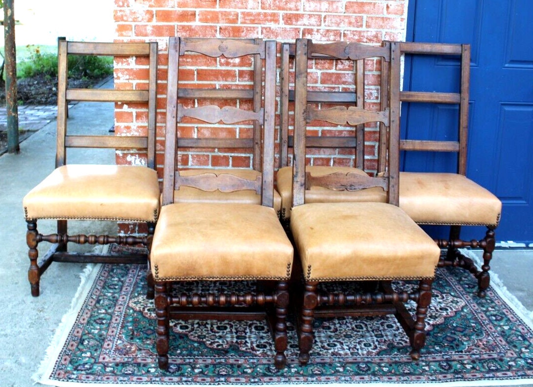 Set of 6 French Antique Louis XIV Walnut Leather Seat Dining Chairs