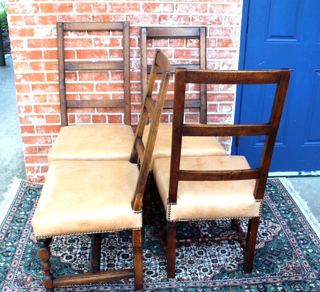 Set of 6 French Antique Louis XIV Walnut Leather Seat Dining Chairs