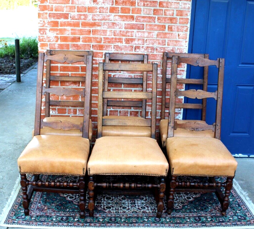 Set of 6 French Antique Louis XIV Walnut Leather Seat Dining Chairs