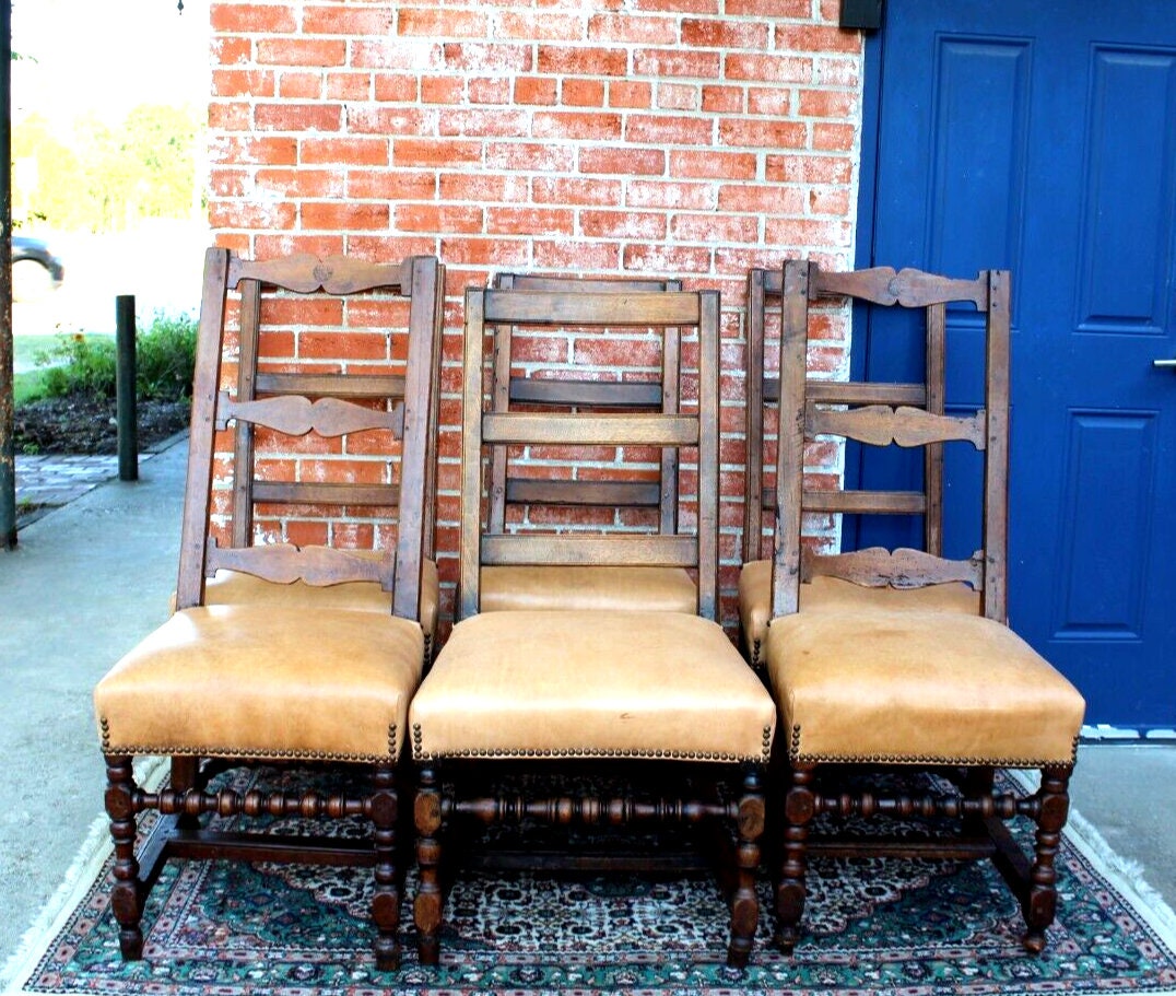 Set of 6 French Antique Louis XIV Walnut Leather Seat Dining Chairs