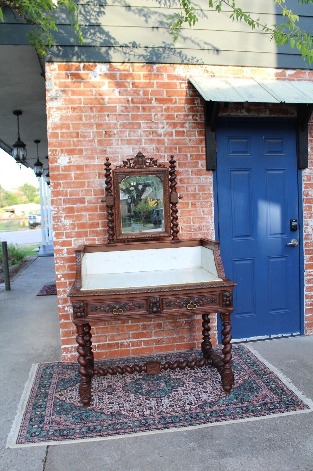 French Antique Louis XIII Oak Washstand | Marble Top Vanity Dresser w/ Mirror