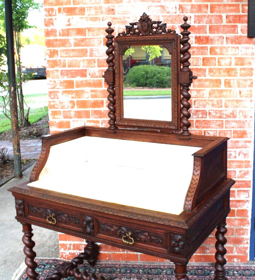 French Antique Louis XIII Oak Washstand | Marble Top Vanity Dresser w/ Mirror