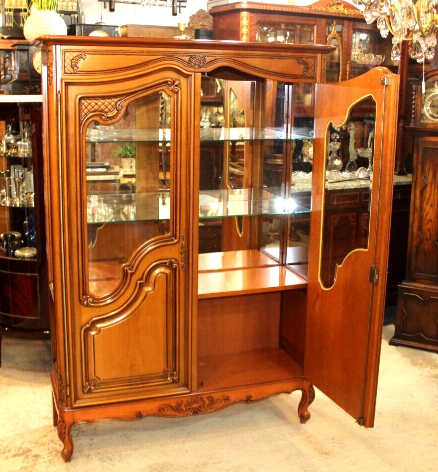 French Louis XV Cherry Display Cabinet | Antique Glass Shelves & Carving