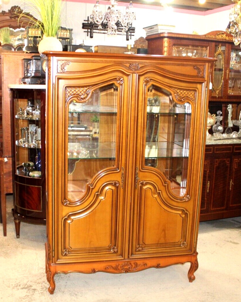 French Louis XV Cherry Display Cabinet | Antique Glass Shelves & Carving
