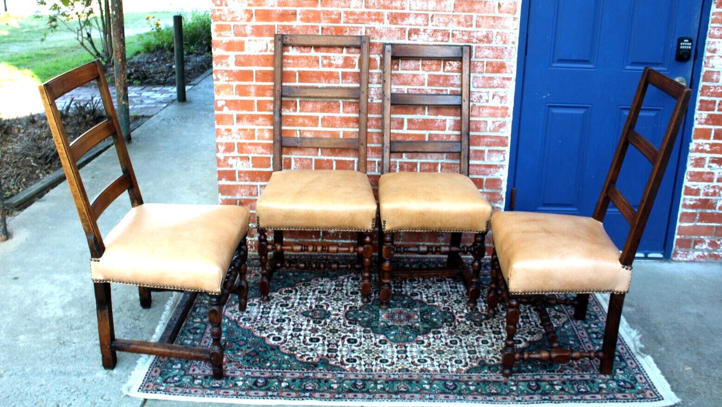 Set of 6 French Antique Louis XIV Walnut Leather Seat Dining Chairs