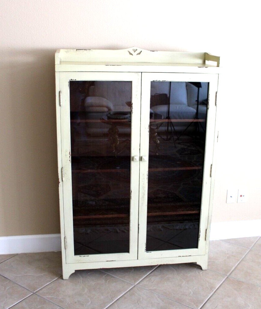 Arts & Crafts Antique White Bookcase | Painted Glass Door Display Cabinet