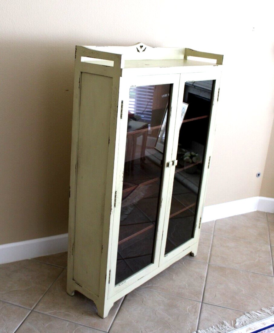 Arts & Crafts Antique White Bookcase | Painted Glass Door Display Cabinet
