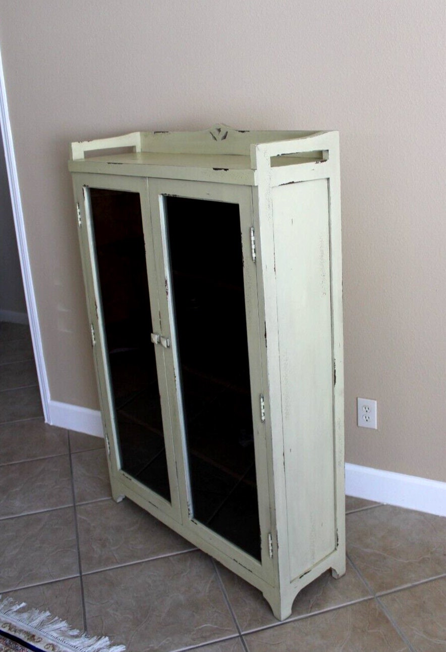 Arts & Crafts Antique White Bookcase | Painted Glass Door Display Cabinet