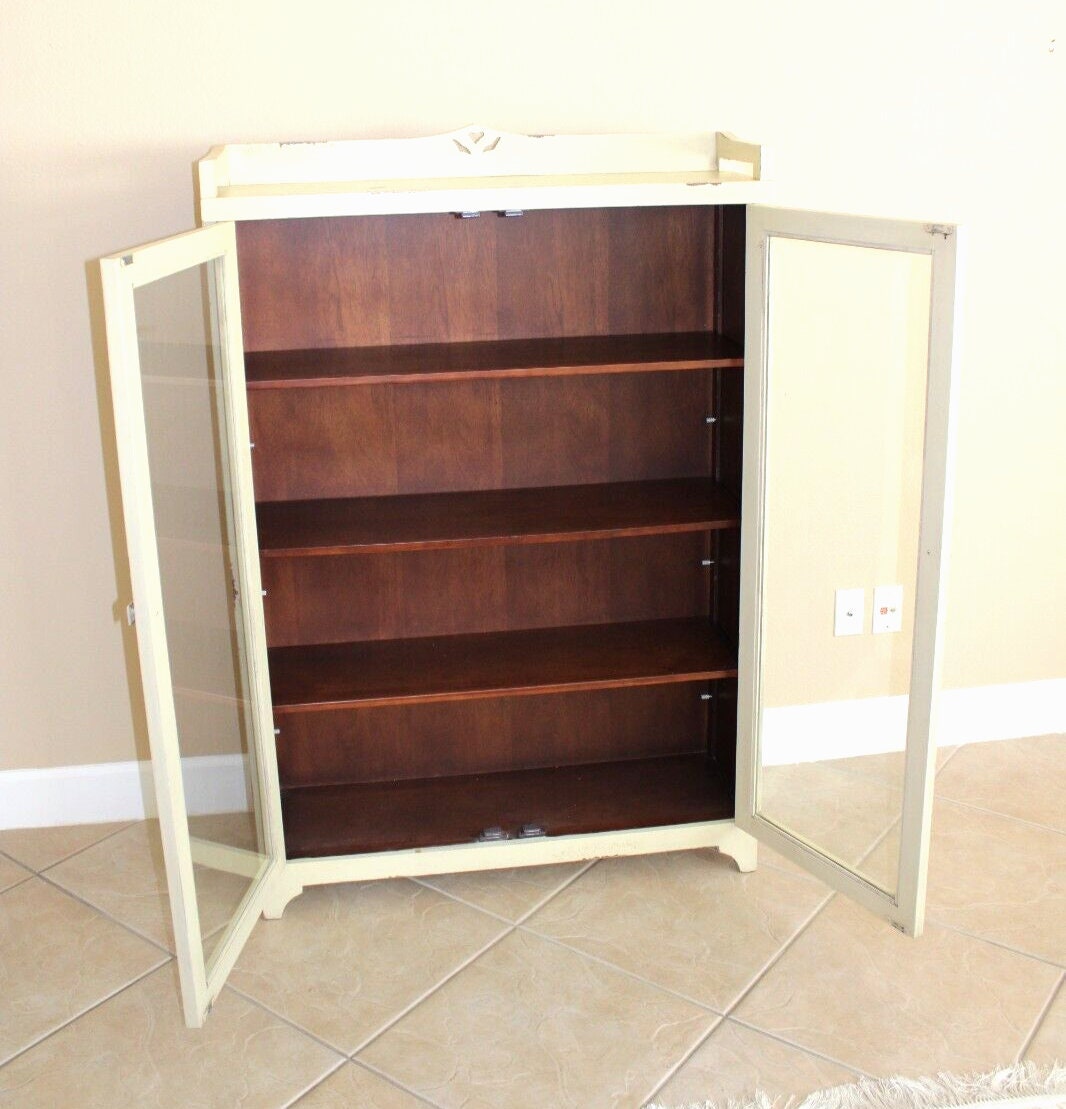 Arts & Crafts Antique White Bookcase | Painted Glass Door Display Cabinet
