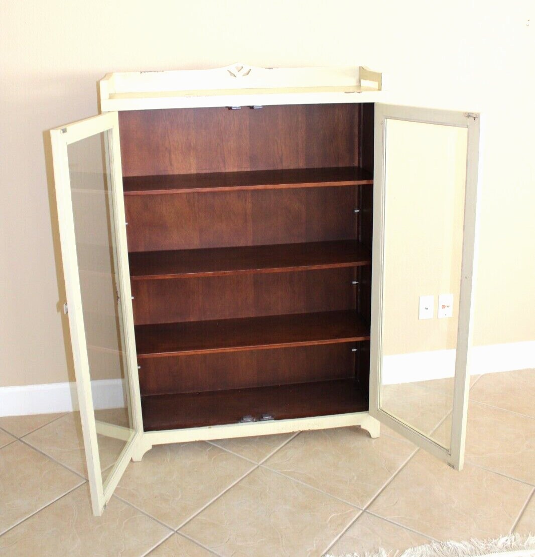 White Arts & Crafts Antique Bookcase | Painted Glass Door Display Cabinet