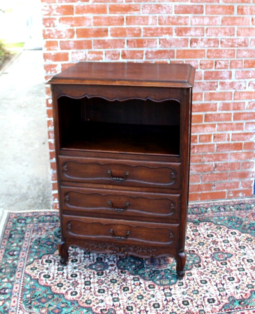 French Antique Louis XV Oak Chest Cabinet w/ 3 Drawers & Open Storage Shelf