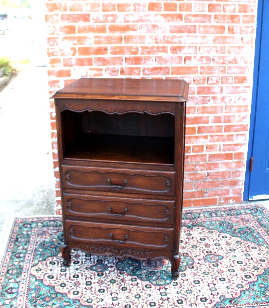 French Antique Louis XV Oak Chest Cabinet w/ 3 Drawers & Open Storage Shelf