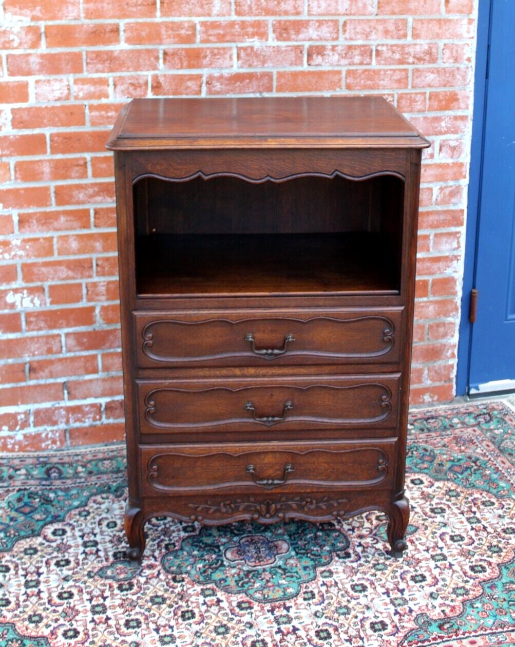 French Antique Louis XV Oak Chest Cabinet w/ 3 Drawers & Open Storage Shelf