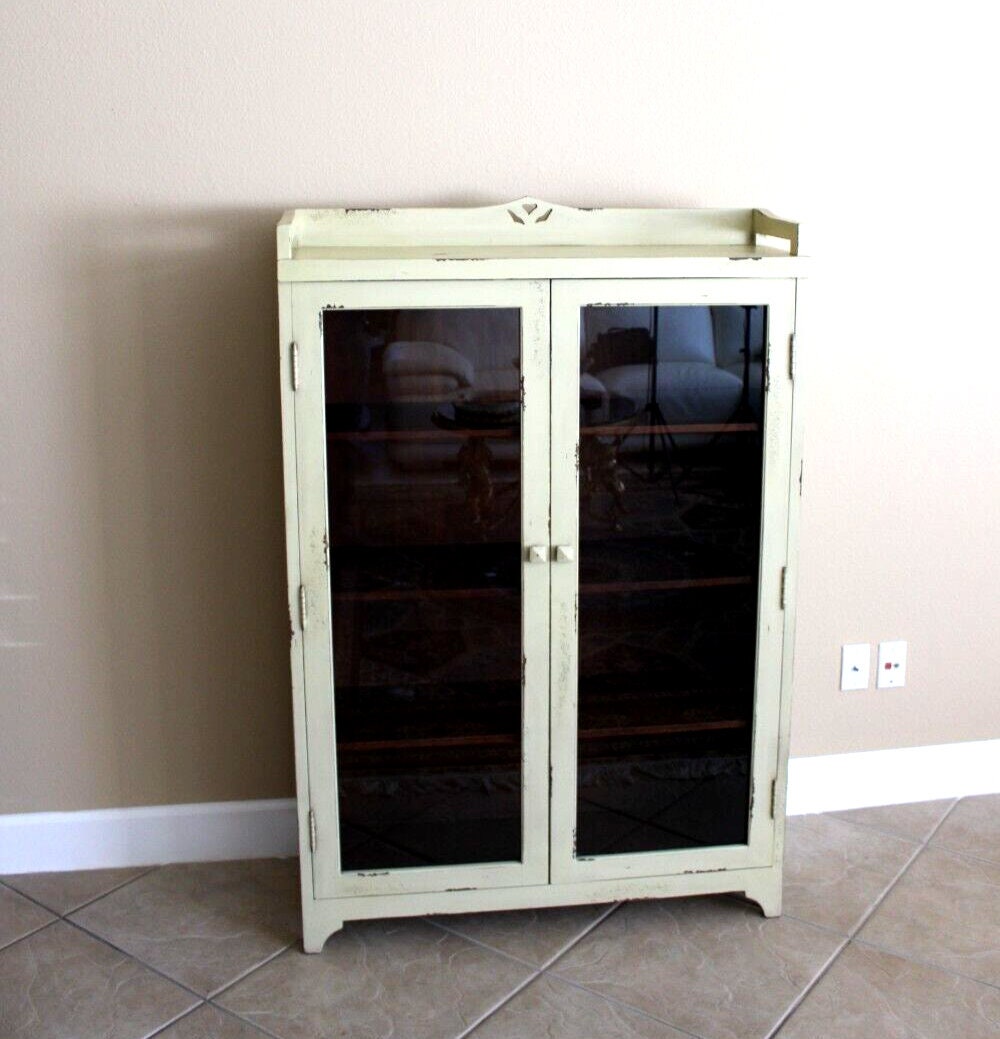 Arts & Crafts Antique White Bookcase | Painted Glass Door Display Cabinet