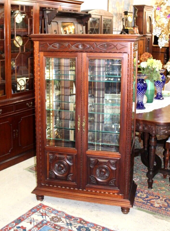 French Antique Mahogany Display Cabinet | 4 Glass Shelves Curio Vitrine