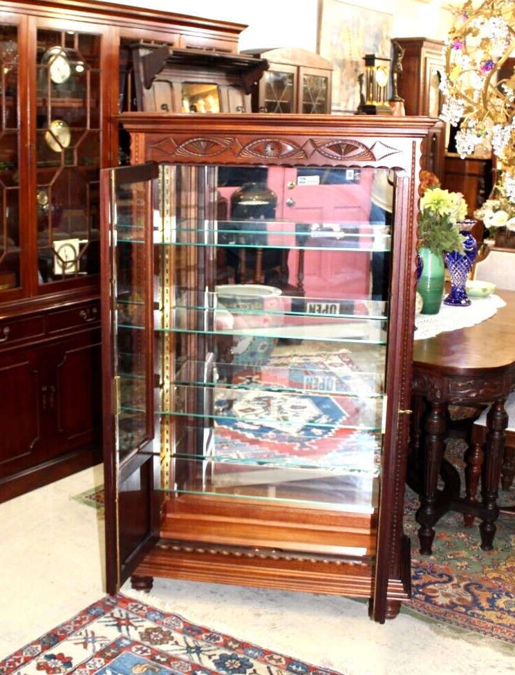French Antique Mahogany Display Cabinet | 4 Glass Shelves Curio Vitrine