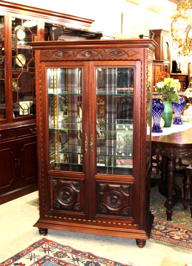 French Antique Mahogany Display Cabinet | 4 Glass Shelves Curio Vitrine