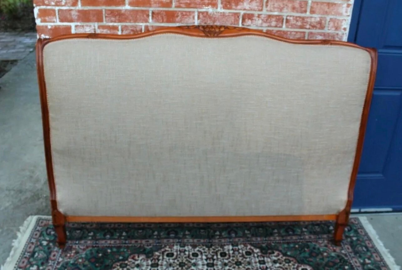 Antique Walnut Louis XV French Full Size Bed | New Upholstery | Carved Details