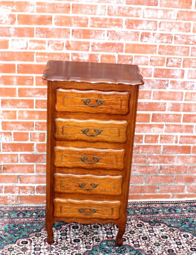 French Oak Louis XV 5 Drawer Chest | Small Vintage Nightstand Cabinet