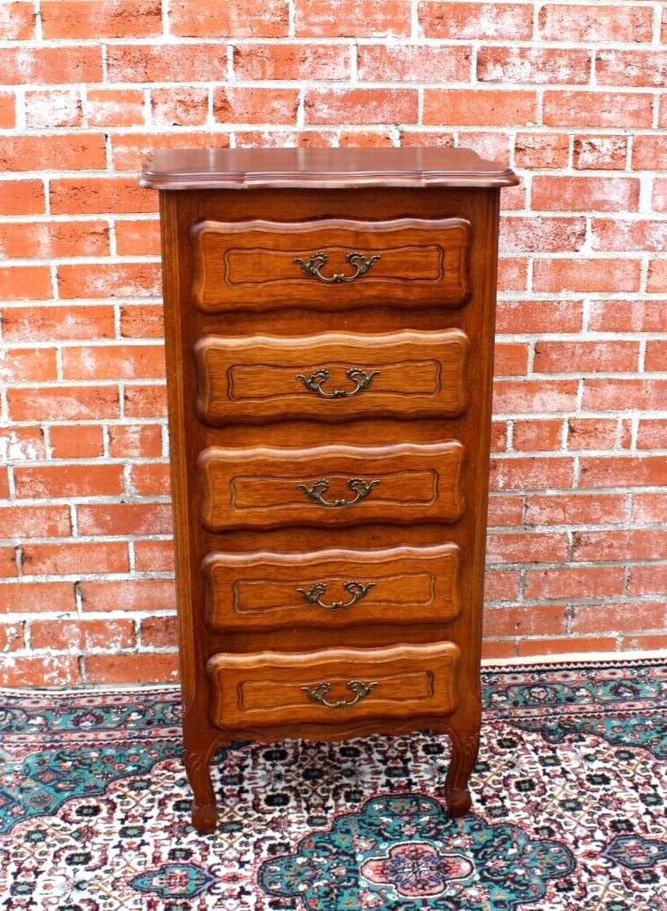 French Oak Louis XV 5 Drawer Chest | Small Vintage Nightstand Cabinet