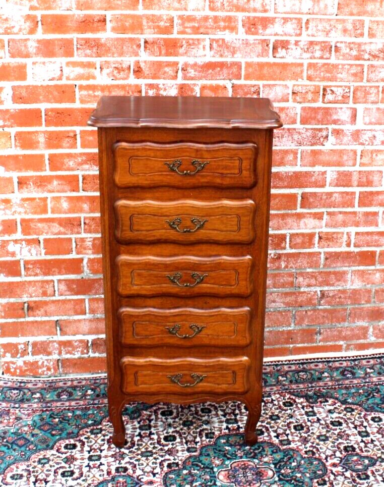 French Oak Louis XV 5 Drawer Chest | Small Vintage Nightstand Cabinet