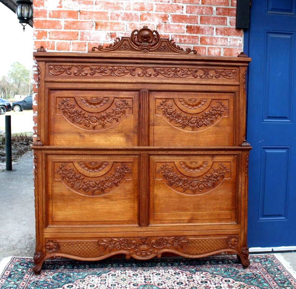 French Antique Carved Normandy Oak Louis XV Full Size Bed | Floral Details