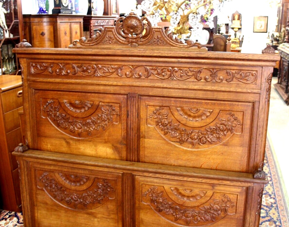 French Antique Carved Normandy Oak Louis XV Full Size Bed | Floral Details