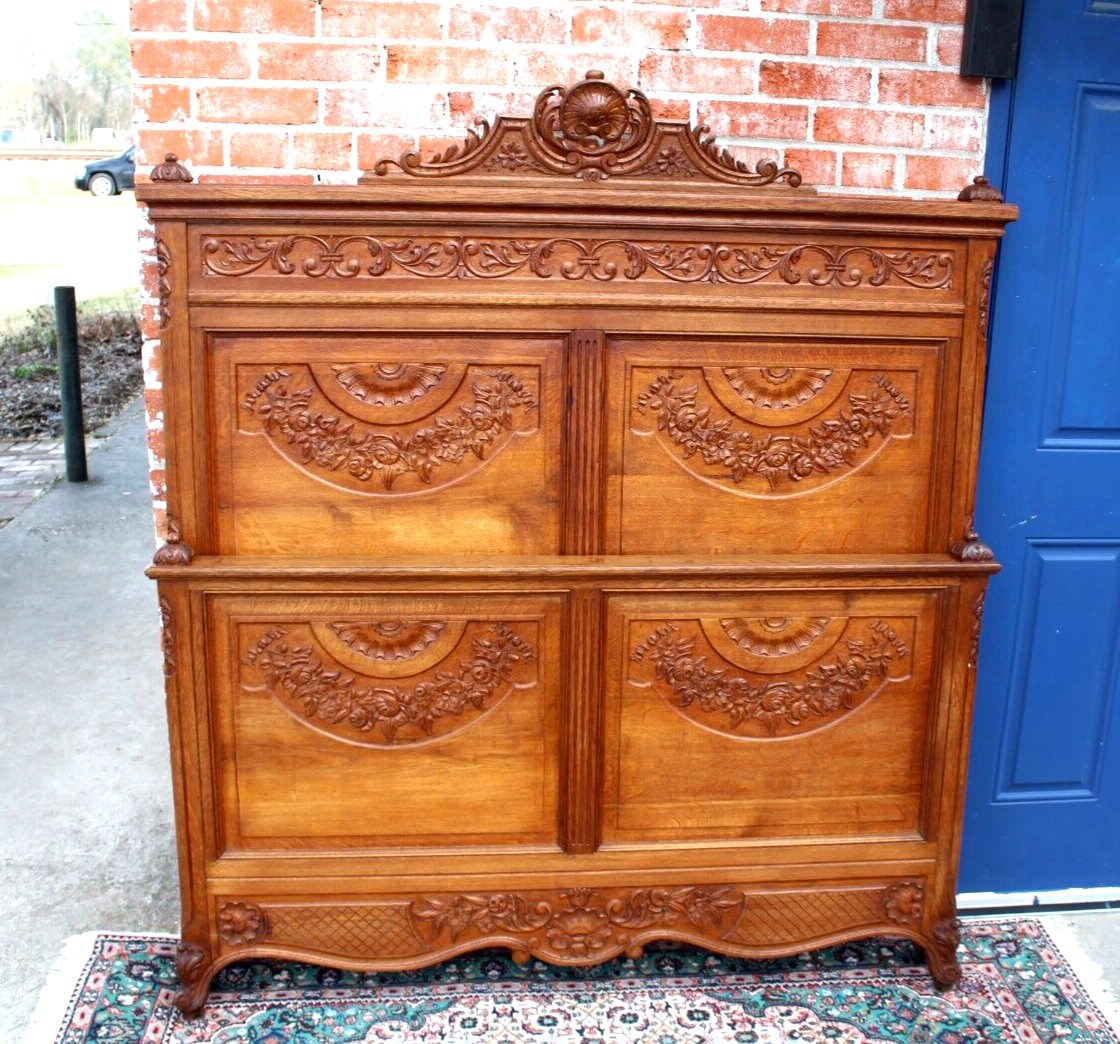 French Antique Carved Normandy Oak Louis XV Full Size Bed | Floral Details