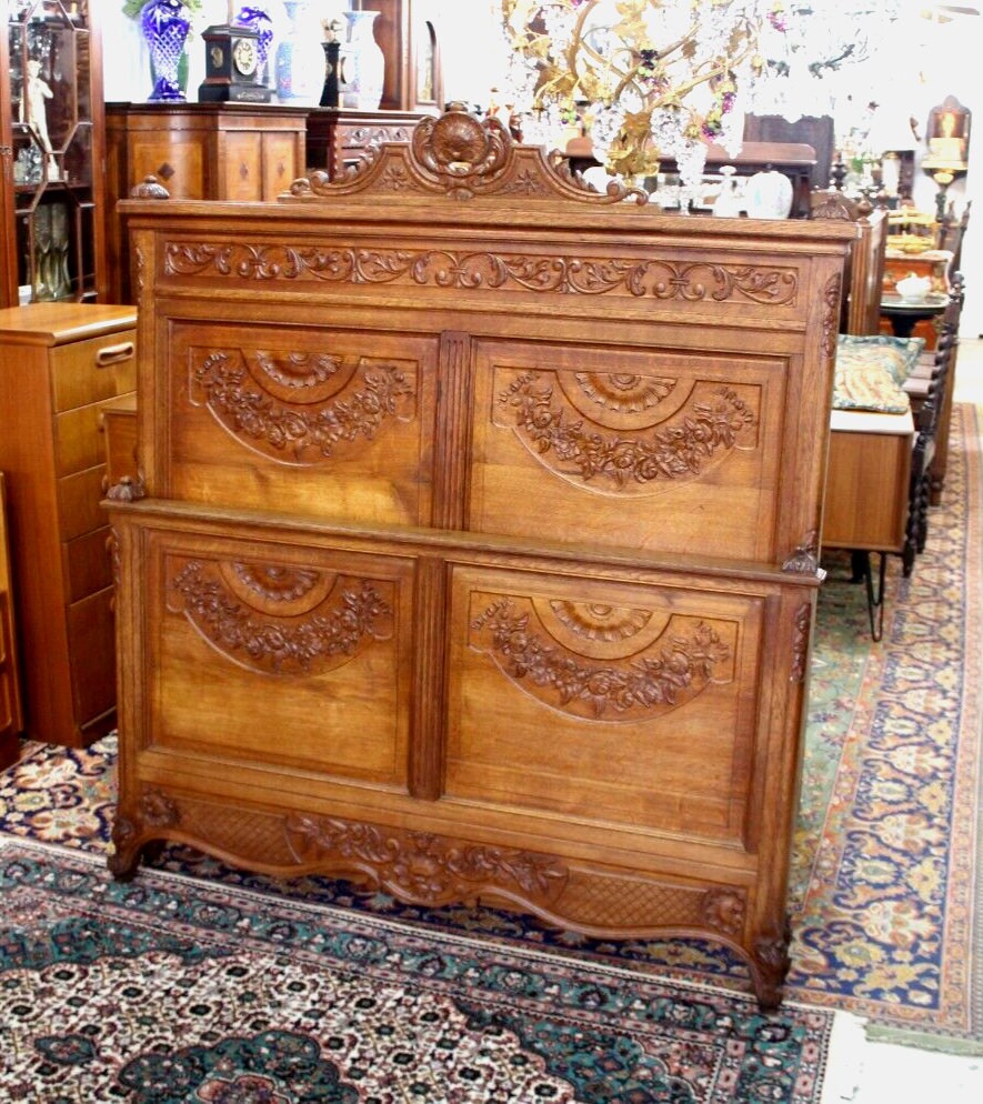 French Antique Carved Normandy Oak Louis XV Full Size Bed | Floral Details