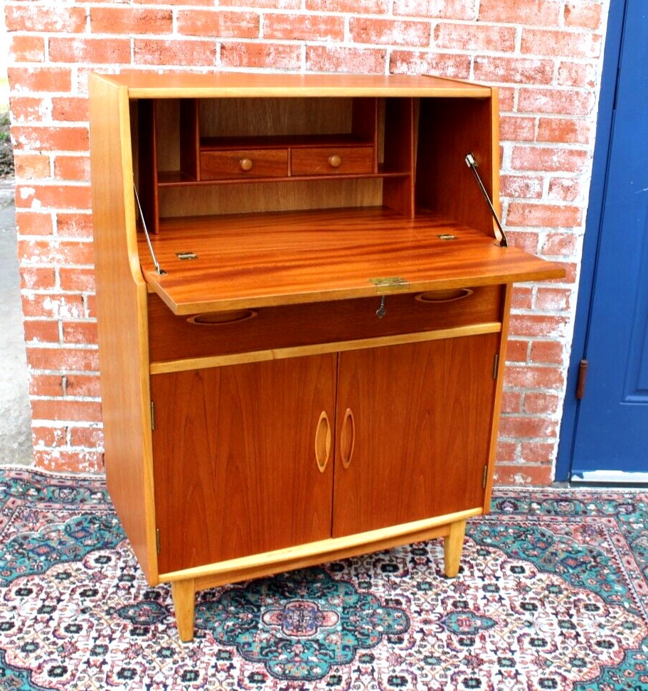 Mid Century Modern Teak Drop Front Desk | Vintage Home Office Cabinet Storage