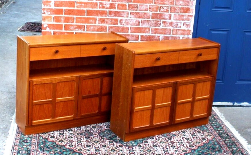 Pair Mid Century Modern Teak Cabinets | 2 Door 1 Drawer Storage Units