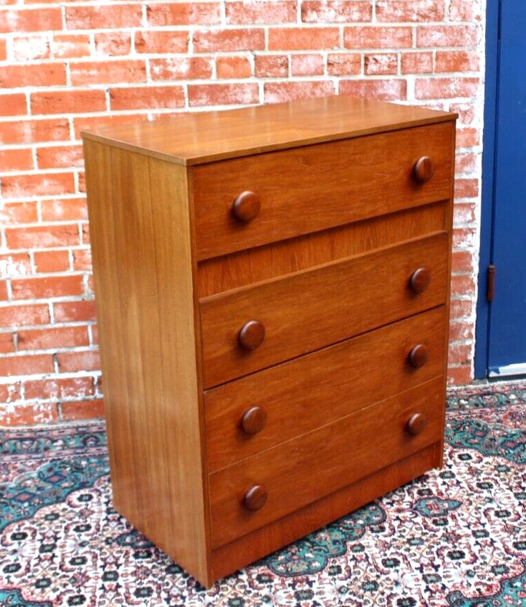 Mid Century Modern Teak Chest | 4 Drawer Dresser Vintage Storage Cabinet