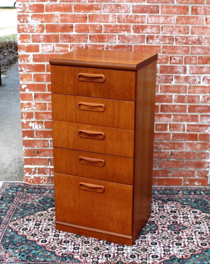 Mid Century Modern Teak Chest | 5 Drawer Vertical Dresser or Nightstand