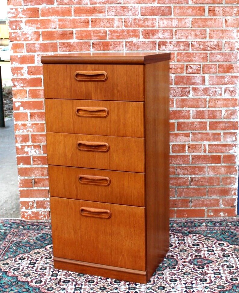 Mid Century Modern Teak Chest | 5 Drawer Vertical Dresser or Nightstand