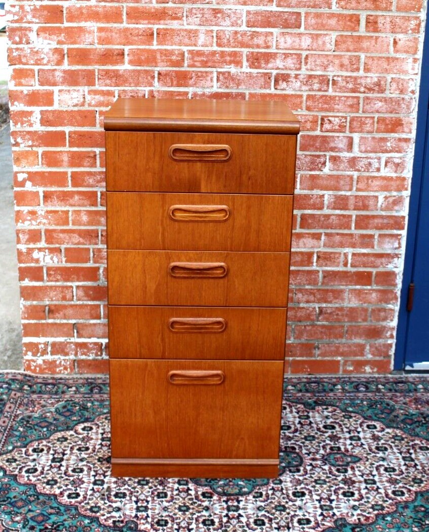 Mid Century Modern Teak Chest | 5 Drawer Vertical Dresser or Nightstand