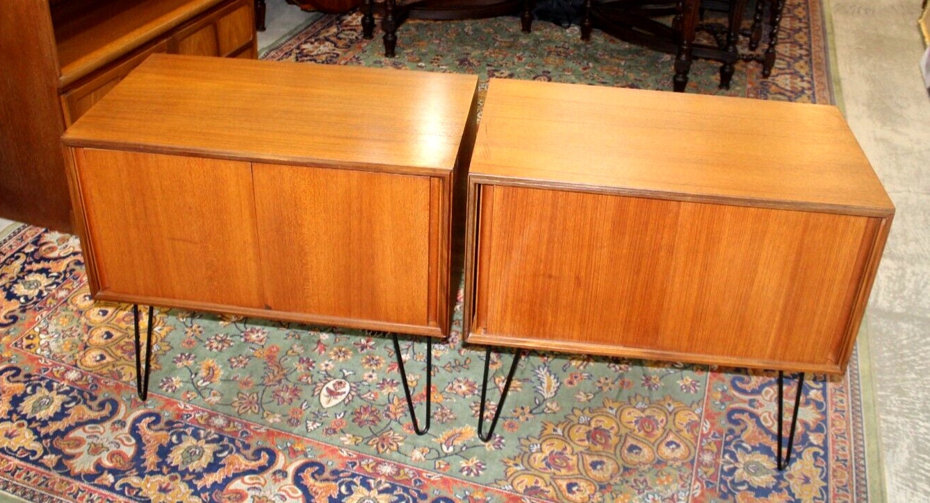 G Plan Mid Century Teak Cabinets | Pair Nightstands Side Tables Hairpin Legs
