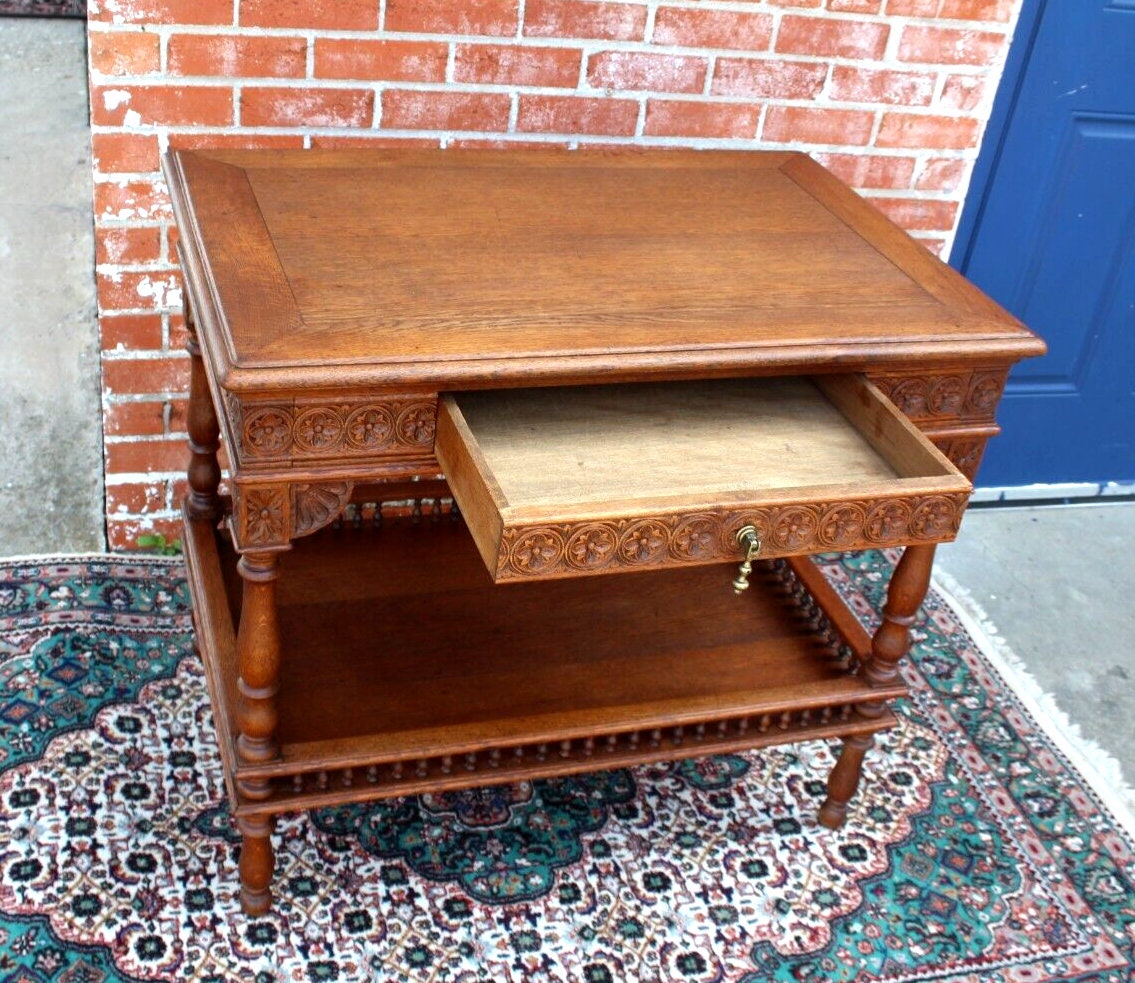 French Antique Oak Brittany Table | Carved Occasional Table with Drawer