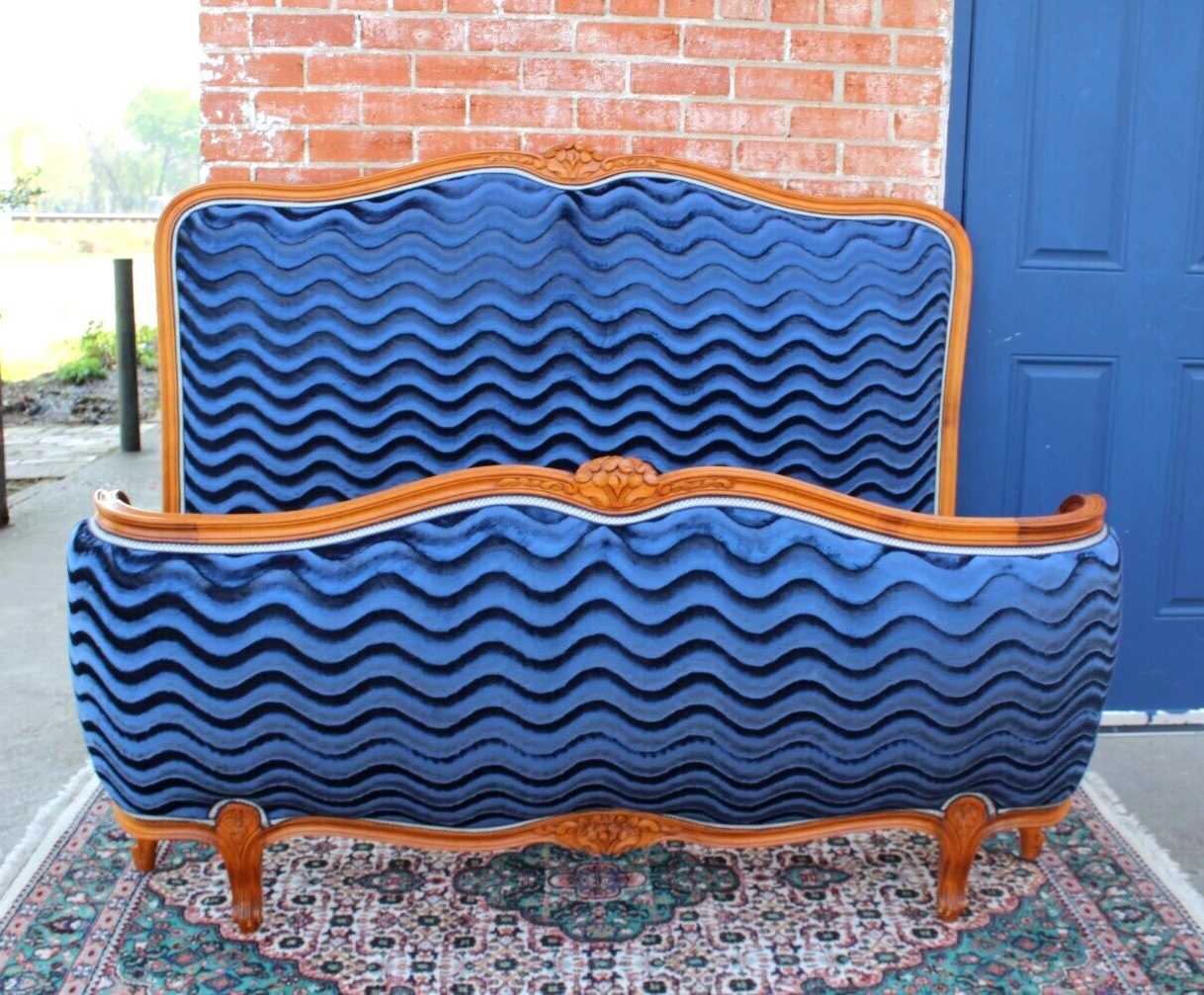 Antique French Louis XV Walnut Full Bed | Blue Upholstery | Newly Restored