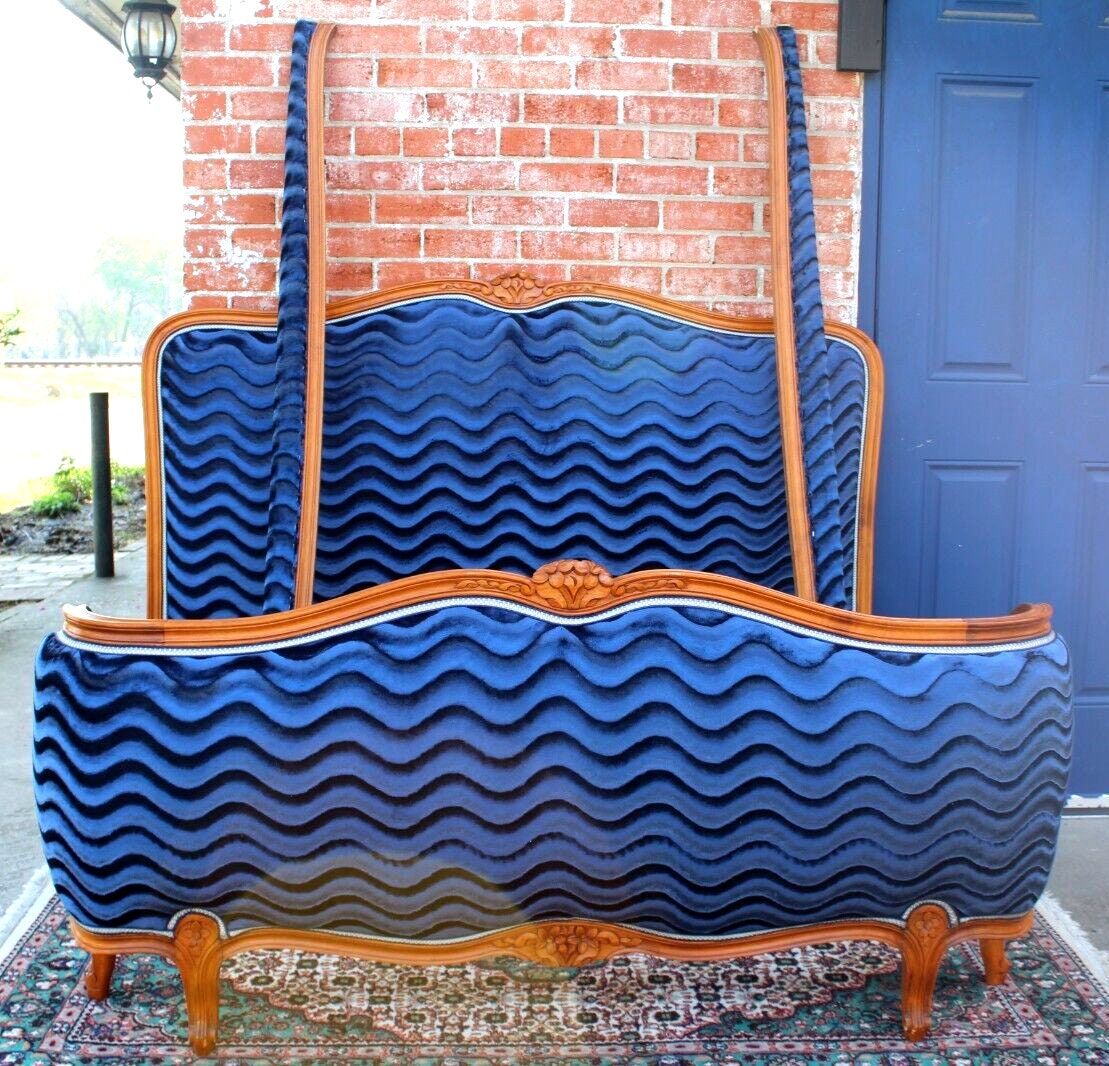 Antique French Louis XV Walnut Full Bed | Blue Upholstery | Newly Restored