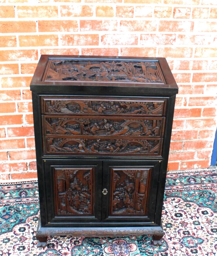 Heavily Carved Chinese Silverware Cabinet | Antique Storage Chest w/ Drawers