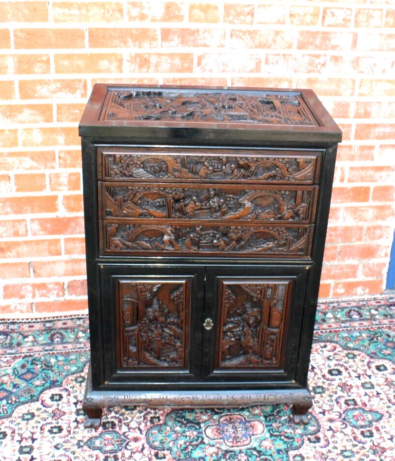 Heavily Carved Chinese Silverware Cabinet | Antique Storage Chest w/ Drawers