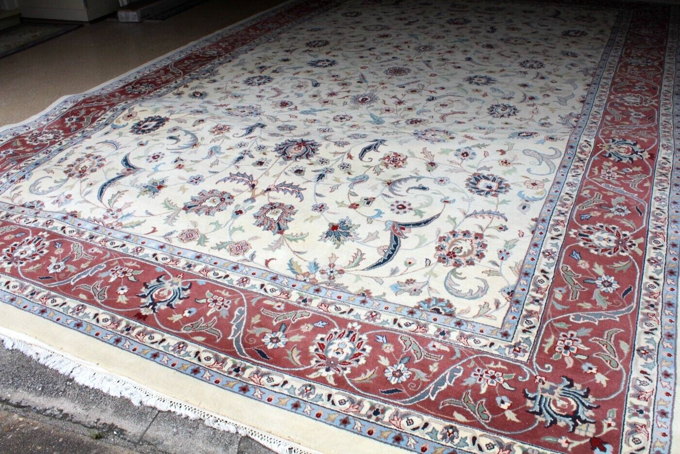 Hand Woven Wool Rug 12x18 | Large Romanian Area Carpet | Red & Ivory Floral
