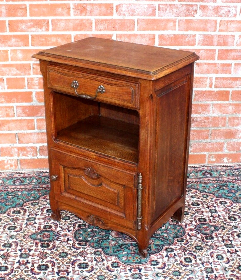 French Louis XV Antique Oak Nightstand Small Bedside Cabinet w/ Drawer