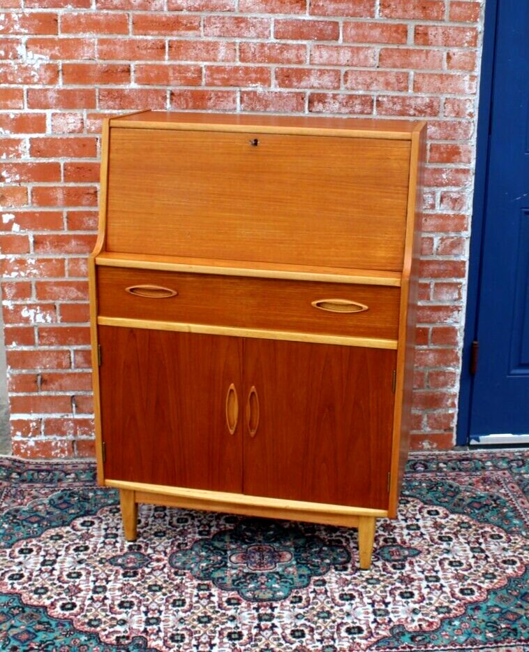 Mid Century Modern Teak Drop Front Desk | Vintage Home Office Cabinet Storage